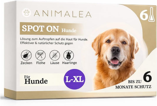 Spot On für große Hunde (ab 15 kg) - [6 Monate Floh- und Zeckenschutz] für Hunde 6x3ml – Zeckenmittel für Hunde mit natürlichen Inhaltsstoffen– Effektiver Zeckenschutz Hund