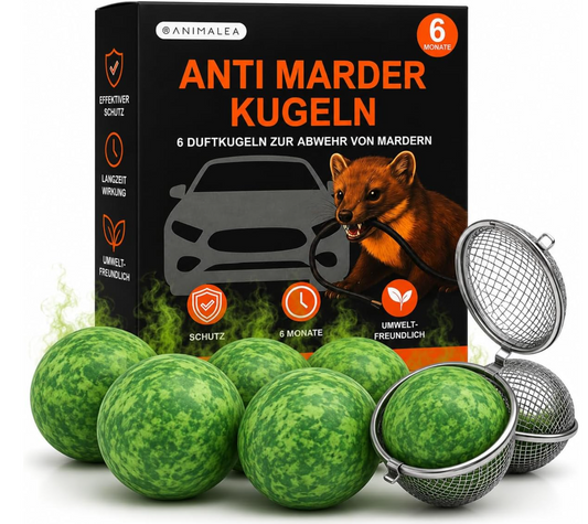 Marderschreck Auto – 6 Stück Marderkugeln inkl. 3 Schutzkorb Halterungen